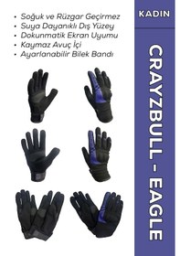 Resim Crayzbull Eagle Mor Su Ve Rüzgar Geçirmez Kışlık Kadın Motosiklet Eldiveni + Buff li 