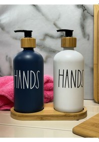 Resim Kapris Bambulu Yuvarlak Cam Sabunluk Seti 2'li Beyaz-Lacivert 