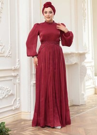 Resim N.S NEVA STYLE Boncuk Detaylı Bordo Tesettür Abiye Elbise 52751BR 