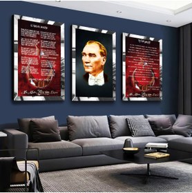Resim Zevahir Mobilya Dekorasyon Gümüş Aynalı Pleksi Çerçeveli Atatürk Istiklal Marşı Ve Gençliğe Hitabe Gold Üçlü Mdf Tablo Seti 