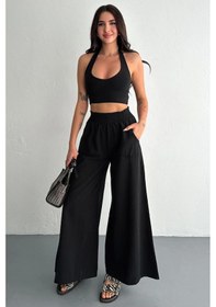 Resim Kadın Bel Lastikli Cepli Bol Paça Koton Siyah Pantolon Siyah 