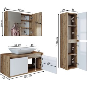 Resim ROOMART Lavabolu Ahşap Mat Beyaz Mdf 100 cm Banyo Dolabı + Aynalı Banyo Üst Dolabı + Boy Dolabı 