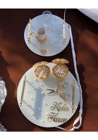 Resim Beloved Gold Beyaz İncili Söz Tepsisi Nişan Tepsisi Ve Damat Kahve Fincan Tepsisi Gri Gri 