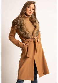 Resim Lavajeans Yakası Kürklü Kadın Kaşe Kaban Kahverengi 