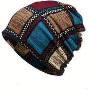 Resim Vintage Baskılı Slouchy Bere Klasik Renk Blok Elastik Kafatası Kap Boho Boyun Tozluk Rüzgar Geçirmez Bere Kadınlar Erkekler Için Sonbahar ve Kış 