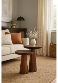 Resim Masif Doğal Ahşap Yan Sehpa 2 Li Zigon Seti Ceviz Renk Ceviz 