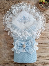 Resim Örgü Tericoton Taç Nakışlı Incili Güpürlü Çift Fiyonk Papatya Güpür Trilüks Kundak Bebek Battaniyesi 