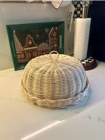 Resim Lovenwoven Rattan Standlı Kek Fanus Kapağı Kapaklı Kek Standı 