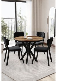 Resim Elma Mutfak Masası Takımı Yuvarlak 4 Kişilik Mutfak Yemek Masa Takımı Siyah Ceviz 