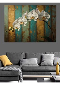 Resim Ahşap Tablo Beyaz Orkide Çiçeği Ahşap Zemin 