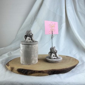 Resim Vizon Eskitme Cupid (Melek) Kapaklı Kutu ve Cupid Kaideli Heykel Not Tutucu 2'li Set 