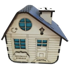 Resim Kişiye Özel Dekoratif Ahşap Mavi Dağ Evi Kumbara -Tipbox 