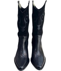 Resim Siyah Hakiki Deri Ve Süet İşleme Detaylı Western Çizme Siyah 