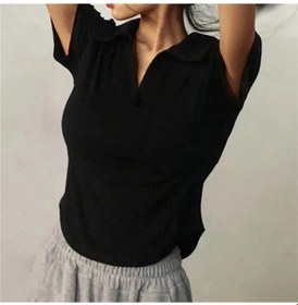 Resim Dozw Kadın Retro V Yaka Kısa Kollu Yazlık Kazak - İnce Yönlü Teeblack Black 