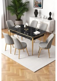 Resim Canisa Nira Serisi 70x114 Mdf Siyah Mermer Desen Mutfak Masa Takımı 6 Gri Sandalye Gold Detay Masa Siyah Mermer Sandalye Gri Ayaklar Gold 