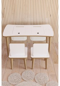 Resim Fahrettin Küçük Montessori Çocuk Masası Oyun Masası Aktivite Masası Çalışma Masası - 2 Adet Sandalyeli Beyaz - Beyaz 