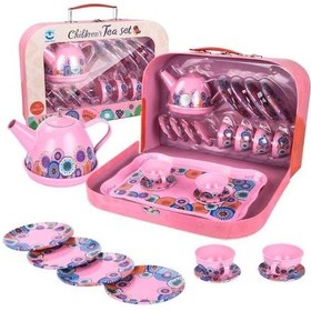 Resim 15 Parça Tepsili Çantalı Metal Evcilik Mutfak Eğitici Çocuk Oyuncak Çay Seti 