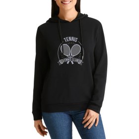 Resim Qivi 92076074 Tennis Spor Baskılı Siyah Kadın Örme Kapşonlu Sweatshirt Uzun Kol 