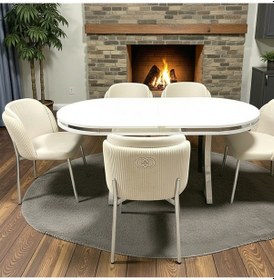 Resim Msy Home 6 Kişilik Aura Krom Serisi Beyaz Lake Oval Yemek Masası Ve Puffy Krem Sandalye Takımı Modern Krem 