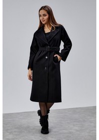 Resim Siyah Premium Oversize Kemerli Kaşe Kaban Siyah 