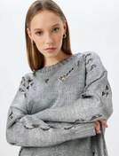 Resim Bisiklet Yaka Yıpratılmış Uzun Kollu Metalik Kazak 