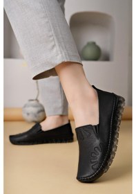 Resim Ayakdaş Saraç Detaylı Hakiki Deri Kadın Babet Ayakkabı Siyah 