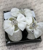 Resim QUEEN AKSESUAR Lüks Kristal Kraliçe Prenses Taşlı Taş Kaplama Bebek Ayakkabı Patik Saç Bant Bandana Set Beyaz 