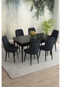Resim Meri Serisi 80x132 Açılabilir Mdf Siyah Mermer Desen Masa Takımı 6 Lacivert Sandalye Antrasit 
