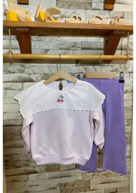 Resim Laciel Paris Yakalı, Kiraz Nakışlı Sweat + İspanyol Paça Tayt Kız Çocuk Takım Pembe - Mor 1715 