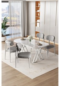 Resim Canisa Jolin Serisi Mdf 90x168 Beyaz Mutfak Masa Takımı 4 Gri Metal Sandalye Beyaz Masa, Gri Sandalye 