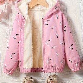 Resim Küçük Kızlar için Pembe & Beyaz Çiçek Desenli Kapüşonlu Ceket - Tam Fermuarlı, Sıcak Kışlık Mont, Makinede Yıkanabilir Dış Giyim, Pembe Çiçek Deseni & Kapüşonlu (Kemer Yok, Kolay Giyilir/Çıkarılır) - Günlük Sonbahar & Kış Kıyafetleri 