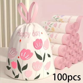 Resim 100 Adet Lavanta Kokulu Kalınlaştırılmış Büyük Çekme İpi Çöp Torbaları - Yüksek Yoğunluklu Polietilen, Mutfak, Banyo, Yatak Odası, Oturma Odası, Tuvalet için Çok Amaçlı Tek Kullanımlık Depolama Torbaları - Pembe ve Sarı Çiçek Desenli "Mutlu Gün" Yazılı, Yırtılmaya Karşı Dirençli 