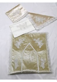 Resim Çeyizlik Kadife Seccade Takımı Vizon Bohça Seti 4 Parça 