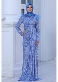 Resim Raika Moda Parıltılı Kol Tüy Detaylı Şura Tesettür Büyük Abiye İndigo 