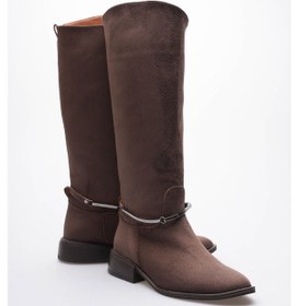 Resim Kadın Süet Çizme Tokalı Kalın Topuklu Kahve Miretta Kahverengi 