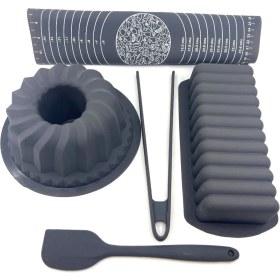 Resim 5 Parça Antrasit Silikon Mutfak Seti, Pastacılık, Oval Baton, Kek Kalıbı, Maşa, Spatula, Hamur Matı 