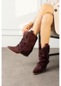 Resim Shoetek Livinya Kadın Kovboy Bot Körüklü Bordo Mat Deri Bordo 