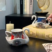 Resim 90ml Seramik Kuğu Kahve Fincanı ve Tabak Retro Altın Kenar Orta Doğu Suudi Çiçekli Geometrik Desen Ev Öğleden Sonra Çay Fincanı ve Tabak Seti Kahve Tutkunları İçin Çok Uygun Ev Konukseverliği Ramazan Partileri Hediye İyi 