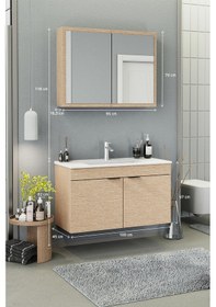 Resim Biani Fix Loft 100 Cm Banyo Dolabı,Seramik Lavabolu, Aynalı,Lavabo Dahil,Mdf,Aybe Bej 