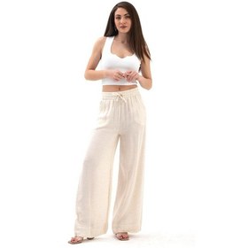 Resim Beli Lastikli Cepli Müslin Keten Pantolon - Taş-taş Taş 