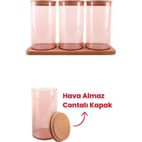 Resim Ahşap Kapaklı 3'lü Standlı Ve Vakumlu Çay, Kahve, Şeker, Bakliyat Kavanoz Seti Mika 1 Lt Pembe 