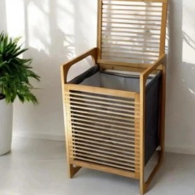 Resim MiraLive Orta Boy Ahşap Bambu Kirli Sepeti 40X35X60 