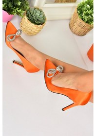 Resim Fox Shoes Turuncu Saten Kumaş Taşlı Kadın Stiletto M253972004 
