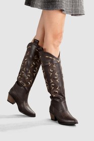 Resim BOBx Kadın Acı Kahve 3 Renk Nakışlı Kovboy Kalın Baldır Uyumlu Fermuarsız Çekme Çizme 2025 Yeni Sezon 