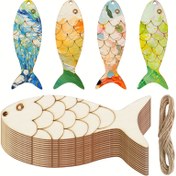 Resim 20 adet ahşap balık kağıt kesim DIY el sanatları - boş ahşap balığı kesme, kenevir ipi sunma, açılış tasarımı, kolay asma, grafiti renkli el sanatları, deniz hayvanı temalı parti dekorasyonu için uygun, oturma odası, yatak odası, koridor ve çalışma ev dekorasyonu için asılı, ayrıca tebrik kartları, işaretler vb. yapmak için 