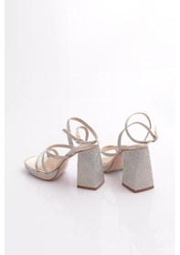 Resim Dgn 7753 Kadın Silver Taşli Tek Çapraz Bant Alçak Platform Yüksek Topuk Bilekten Bağli Ayakkabi Dore Saten 