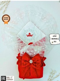 Resim Dantelli Taçlı Bebek Kundağı Unisex Bebek Dış Kundak Battaniyesi Hastane Çıkışı Mevlütlük Kundak Bordo 