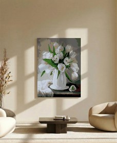 Resim Tabdiko Sayılarla Boyama Seti 40 x 50 cm Tuval Şasesine Gerili Beyaz Çiçekler 