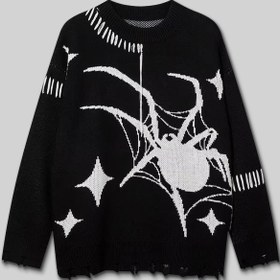 Resim Örümcek Y2K Streetwear Uzun Kol Örme Kazak - Siyah / M 