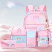 Resim 3 Parça Kız Çocuk Sırt Çantası Seti, 1-6. Sınıf İçin Kawaii Okul Çantası ve Kalem Kutusu, Hafif Geniş Tasarım, Ergonomik Baskılı, Moda Kalemlikli, 180 Derece Buzdolabı Kapısı Stili, Gökkuşağı Desenli Charmlı 